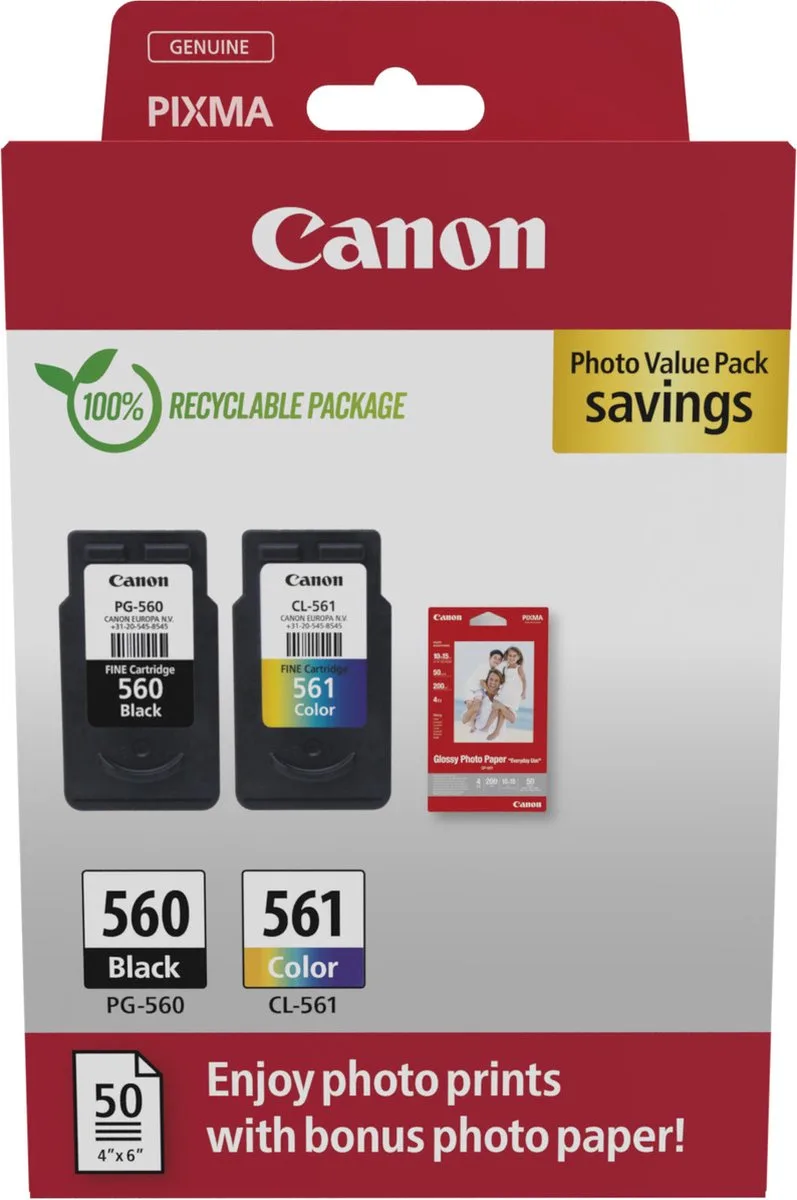 PG-560/CL-561 3713C008 inktcartridge - 2 stuk(s) - Origineel - Cyaan, Magenta, Geel + Retourzakje by Canon in Black – product photo 1 of 2