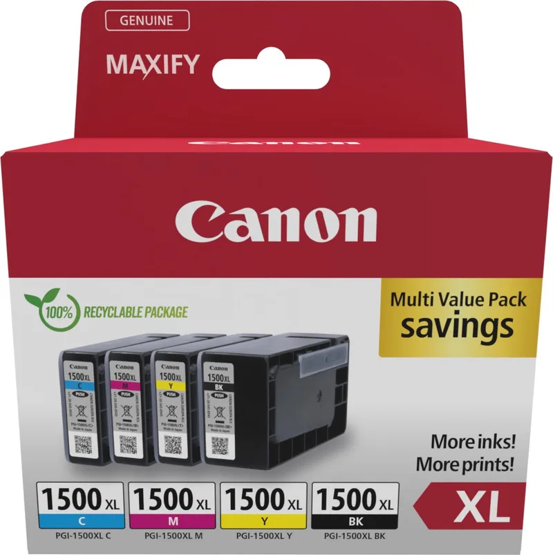 pgi-1500xl 9182B010 inktcartridge - 4 stuk(s) - Origineel - Hoog (XL) rendement - Cyaan, Magenta, Geel + Retourzakje de Canon en Noir – photo produit 1 sur 2