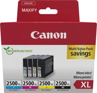 pgi-2500xl 9254B010 inktcartridge - 4 stuk(s) - Origineel - Hoog (XL) rendement - Cyaan, Magenta, Geel + Retourzakje by Canon in Black – product photo 1 of 2