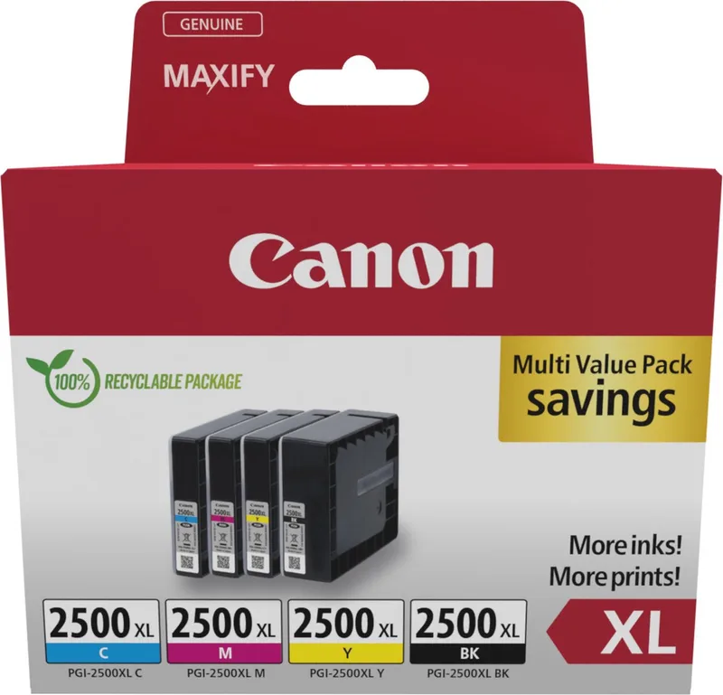 pgi-2500xl 9254B010 inktcartridge - 4 stuk(s) - Origineel - Hoog (XL) rendement - Cyaan, Magenta, Geel + Retourzakje by Canon in Black – product photo 1 of 2