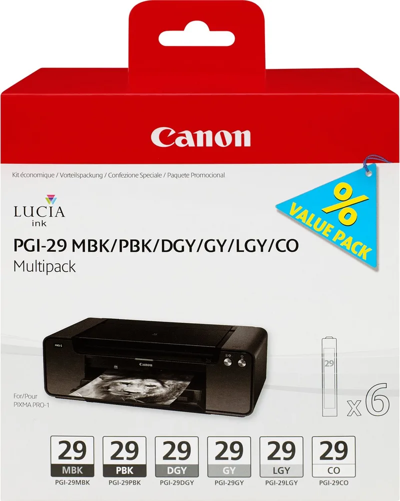 PGI-29 - Inktcartridge / Zwart / Foto Zwart / Grijs / Licht Grijs / Donker Grijs / Pigment Zwart fra Canon i Sort – produktbillede