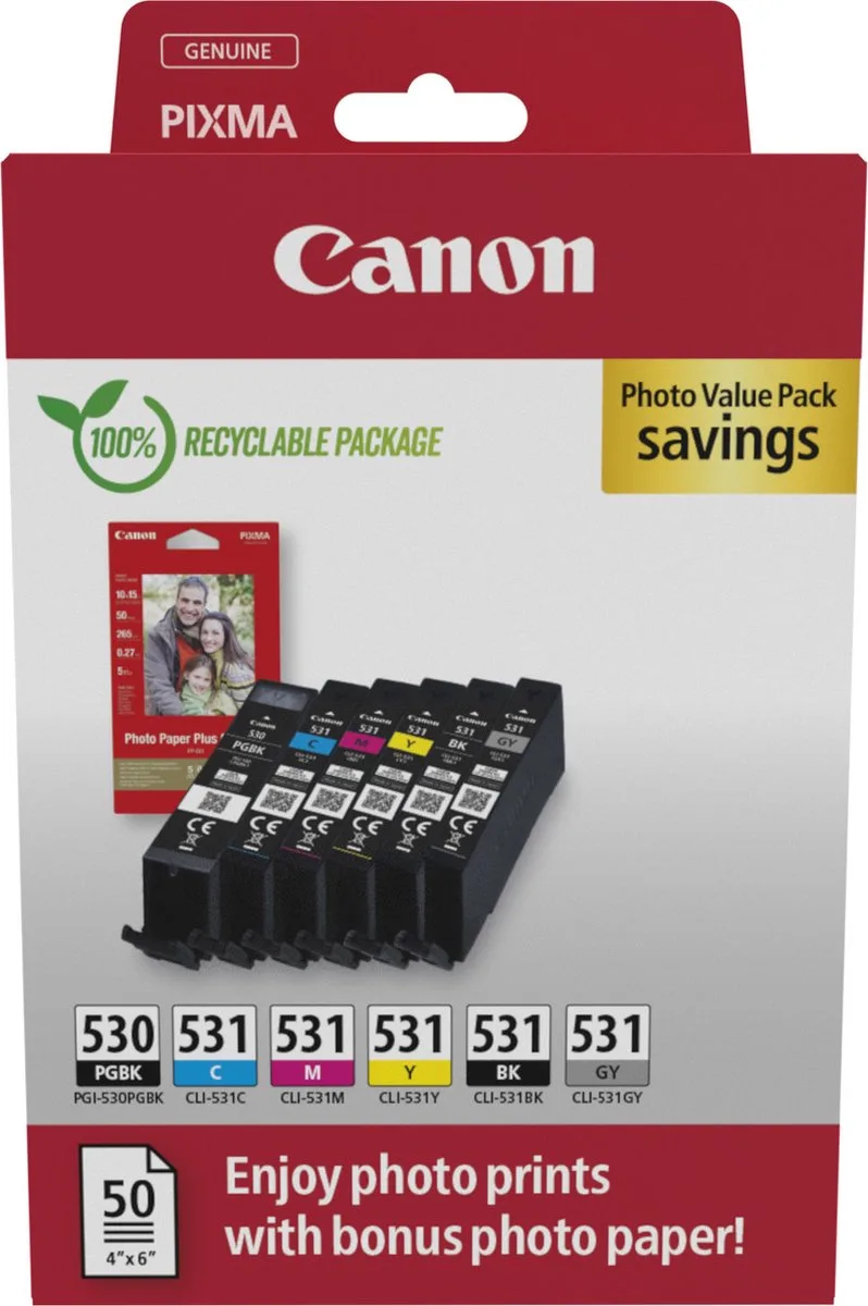 PGI-530/CLI-531 PVP inktcartridge 6 stuk(s) Origineel Zwart, Cyaan, Grijs, Magenta, Foto zwart, Geel van Canon in Zwart, Cyaan, Grijs, Magenta, Foto zwart, Geel – productfoto