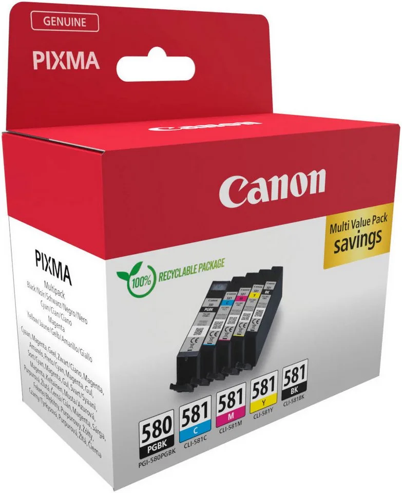 PGI-580BK/CLI-581 BK/C/M/Y Pigment- und Farbstofftinte Multipack Tintenpatrone de Canon en Multicolore, Jaune, Noir – photo produit