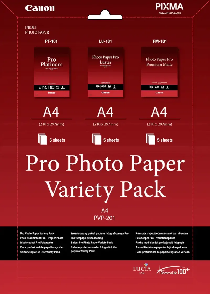 Pro Photo Paper Variety Pack A4 PVP-201 6211B021 Fotopapier DIN A4 210 g/m² 15 Blatt Hochglänzend, Seidenglänzend, Matt by Canon – product photo