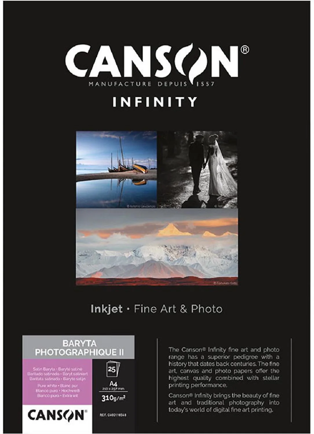 PAPIER INIFINITY BARYTA PHOTO II 310G A4 25f de Canson en Blanc – photo produit