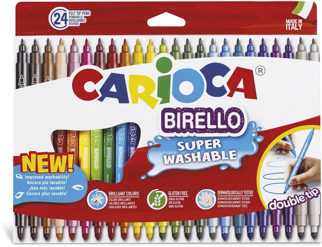 BIRELLO Dubbelpunt Viltstiften - 24 kleuren - Afwasbaar - Fijne (2,6 mm) & Brede Punt (4,7 mm) - Kleurstiften voor kinderen