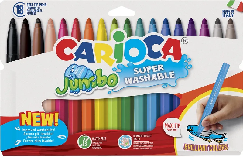 JUMBO stiften - 18 kleuren - Maxi-Punt 6 mm - Afwasbaar - Kleurstiften voor kinderen van Carioca in JUMBO – 18 kleuren – productfoto