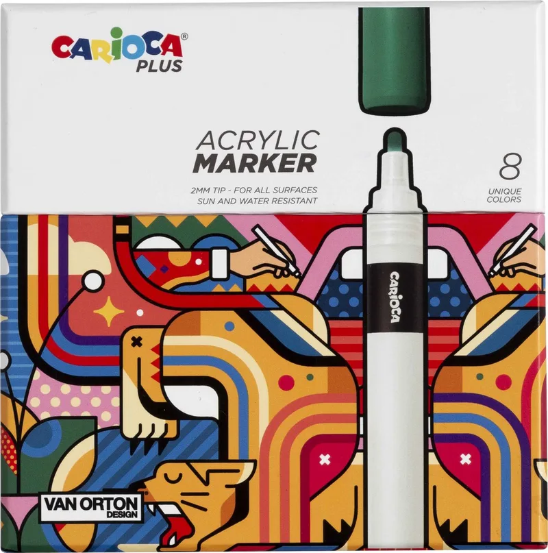 PLUS Acrylic Markers - 8 kleuren - Acrylstiften met 2 mm punt - Geschikt voor papier, hout, glas & steen by Carioca in Multicolour – product photo