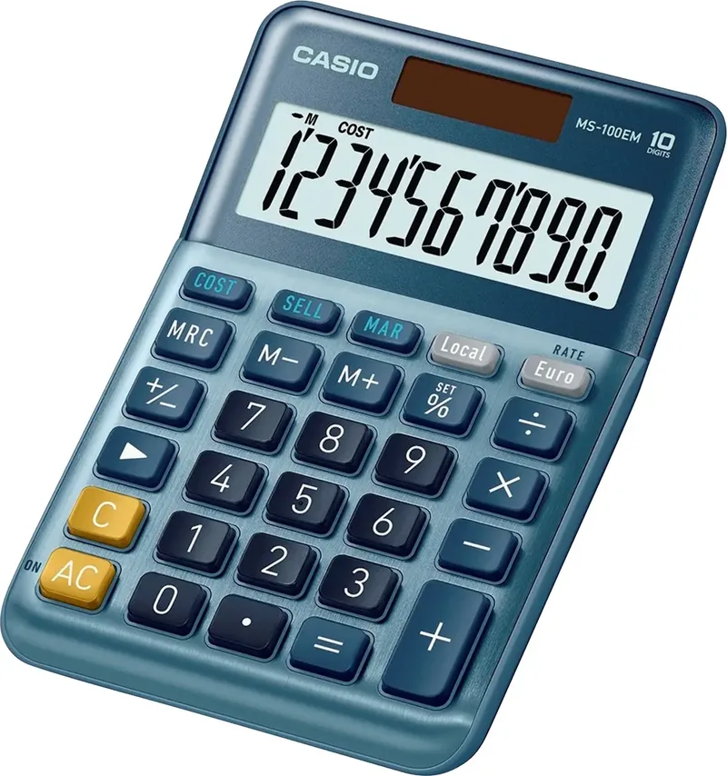 MS-100EM Bureaurekenmachine Blauw Aantal displayposities: 10 werkt op zonne-energie (l x b) 101 mm x 149 mm van Casio – productfoto