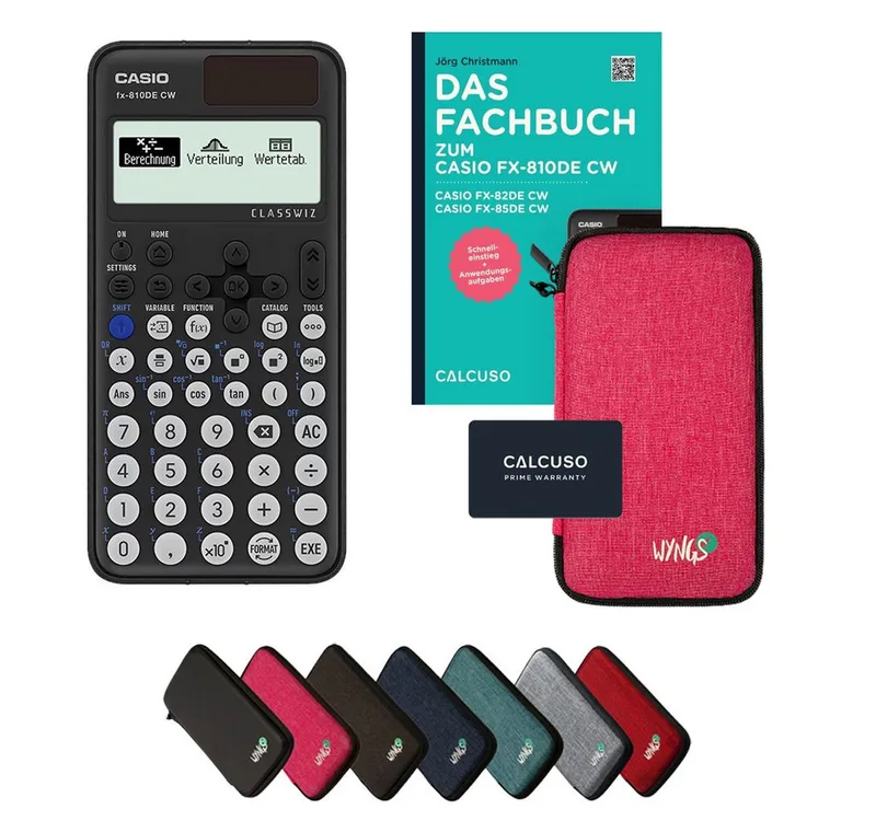Taschenrechner fx-810DE CW inkl. Schutztasche Pink & Fachbuch (96 Seiten, DIN A5) von Casio in Rosa – Produktfoto