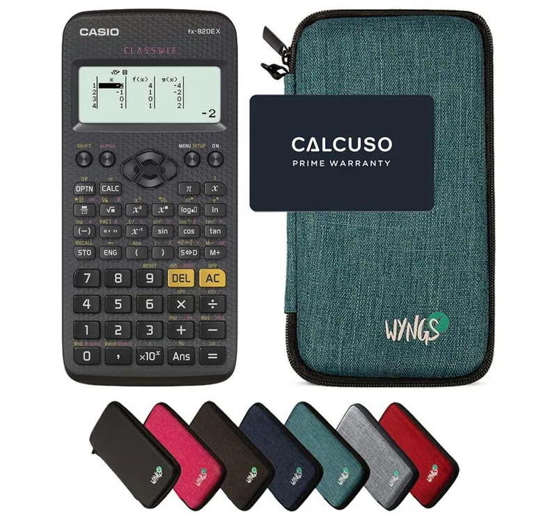 Taschenrechner fx-82DE X ClassWiz inkl. WYNGS Schutztasche Türkis von Casio in Grün – Produktfoto