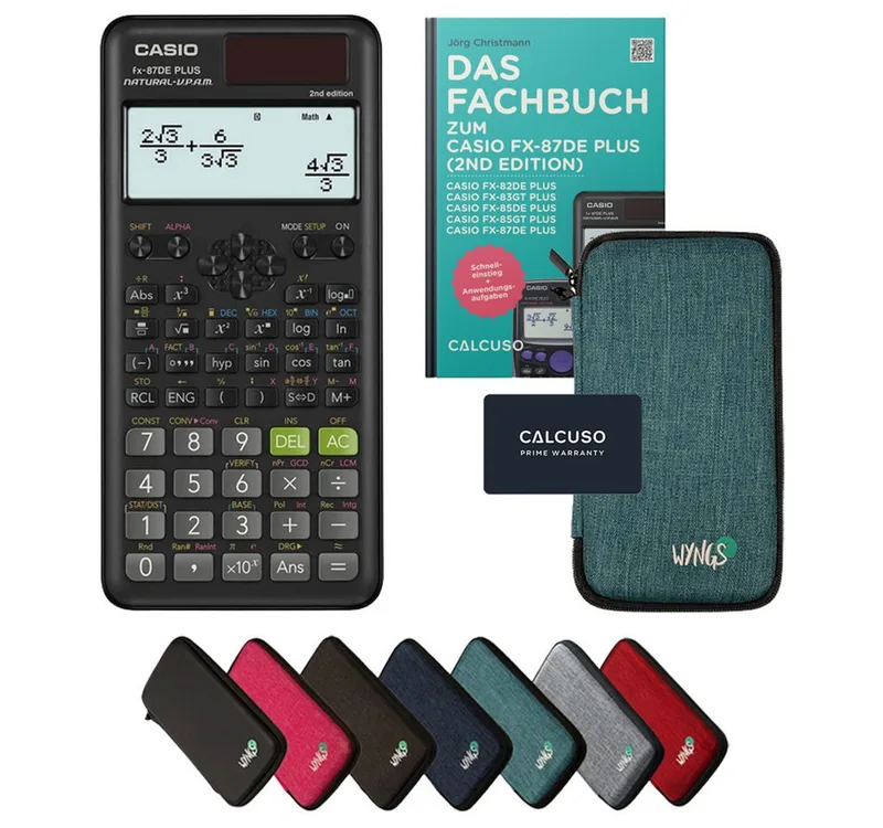 Taschenrechner fx-87DE Plus 2 inkl. Schutztasche Türkis & Fachbuch (48 S., DINA5) von Casio in Grün – Produktfoto