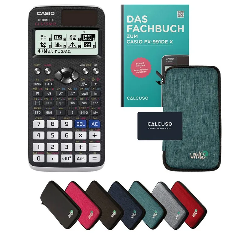 Taschenrechner fx-991DE X inkl. Schutztasche Türkis & Fachbuch (128 Seiten, DIN A5) von Casio in Grün – Produktfoto