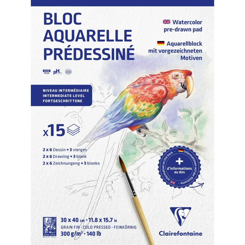 Bloc collé Aquarelle Prédessiné "Animaux" 30x40cm 15F 300g de Clairefontaine – photo produit