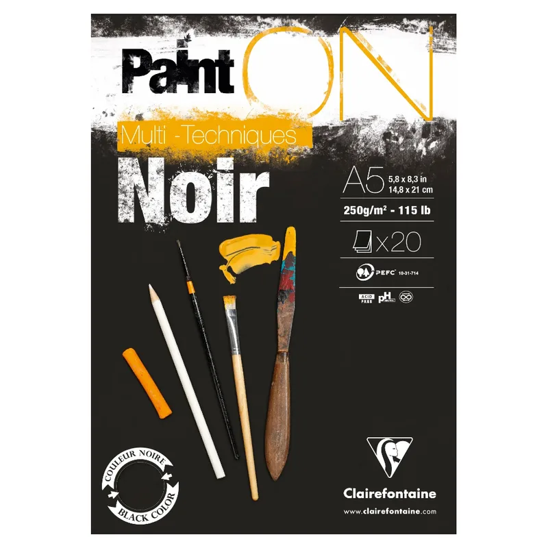 Bloc Paint'ON, Noir, colle en tête, 20 feuilles, 250 g, A5 de Clairefontaine – photo produit