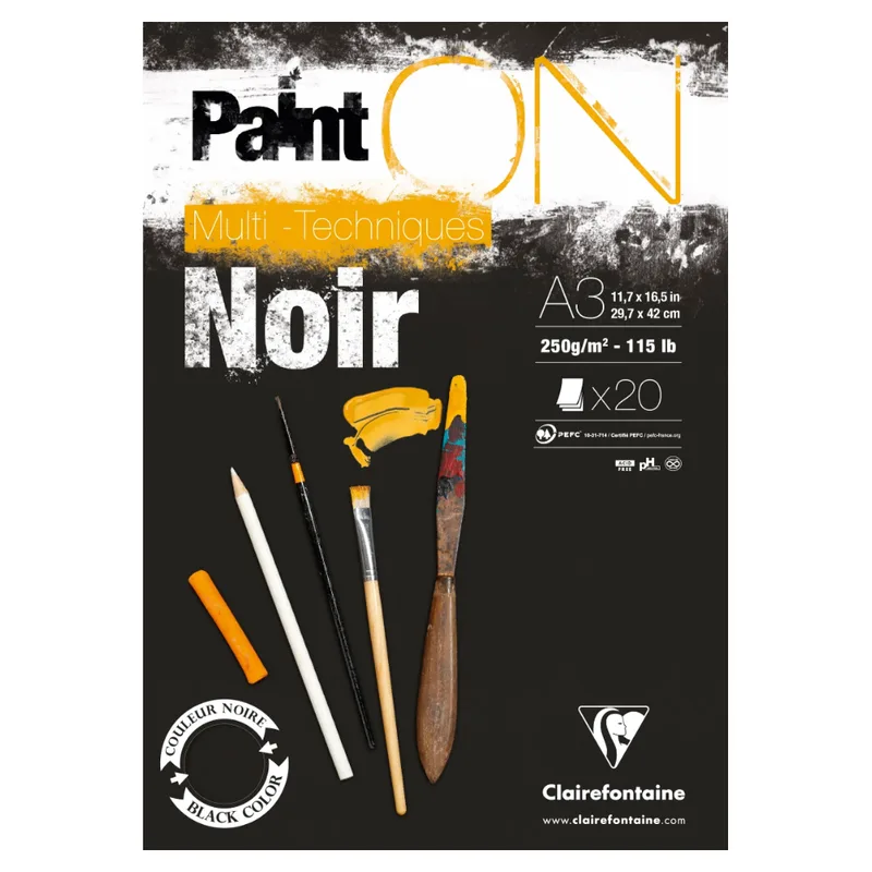 Bloc Paint'ON Noir collé en tête 20 feuilles 250g A3 de Clairefontaine – photo produit