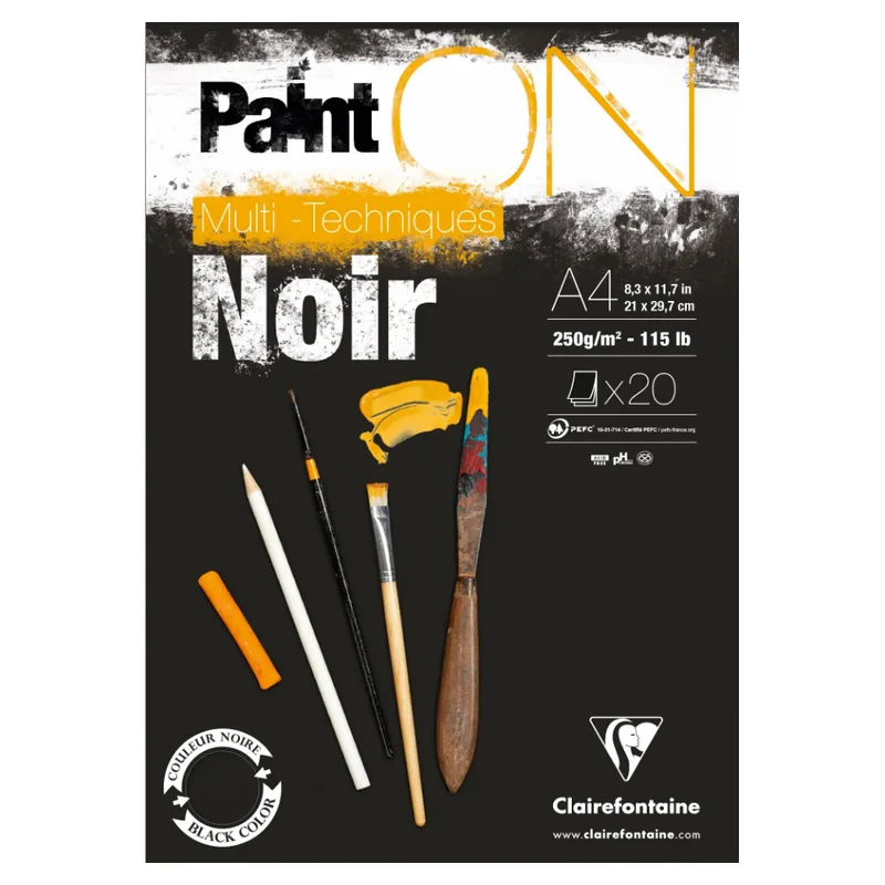 Bloc Paint'ON Noir collé en tête 20 feuilles 250g A4 de Clairefontaine – photo produit