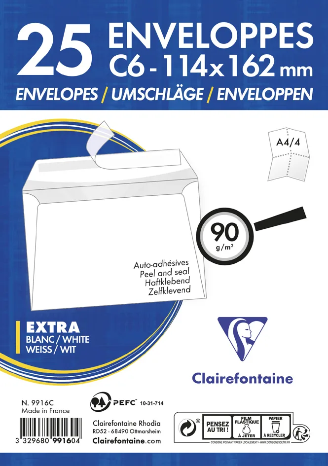 Briefumschläge, C6, 114 x 162 mm, weiß van Clairefontaine – productfoto