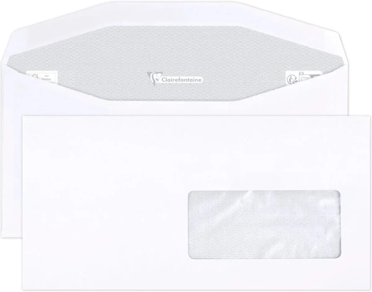 Clairalfa witte enveloppen 114x229mm venster rechts 45x100mm machinegeschikt 500 stuks de Clairefontaine en Blanc – photo produit