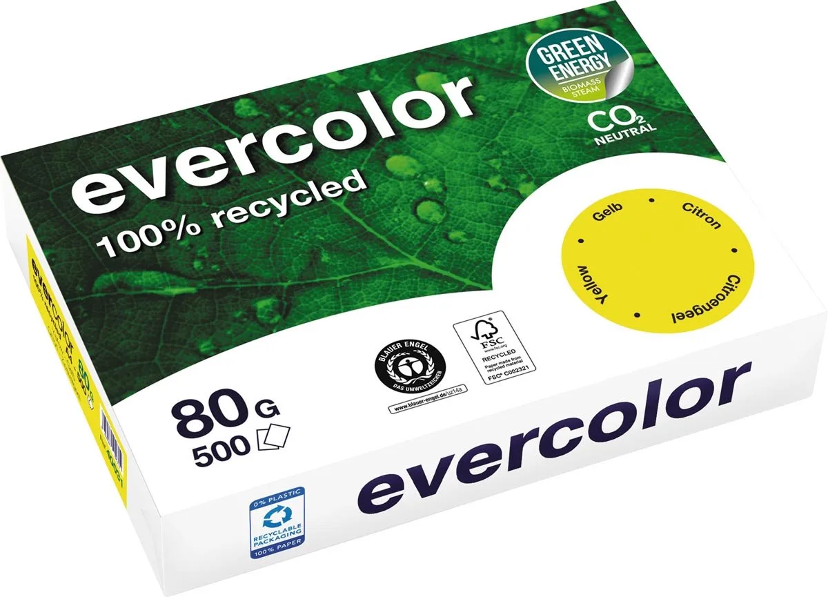 Evercolor, gekleurd gerecycleerd papier, 80 g, 500 vel, citroengeel 5 stuks de Clairefontaine en A4 – photo produit