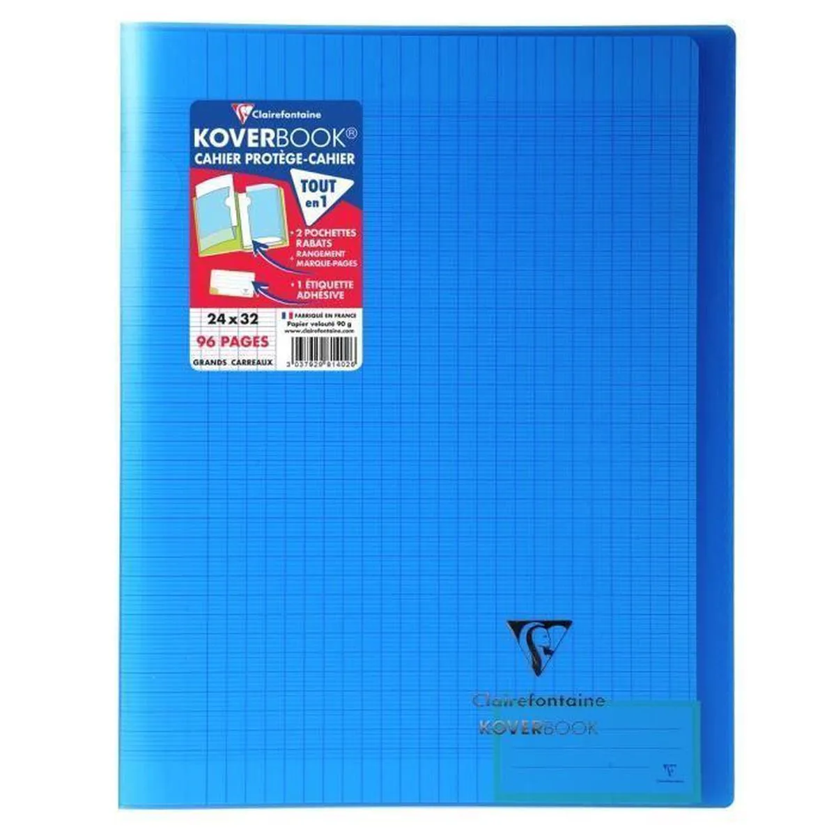 Koverbook Notebook 96 pagina's met flappen - 240 x 320 mm - Seyes-papier PEFC 90 g de Clairefontaine en Bleu – photo produit