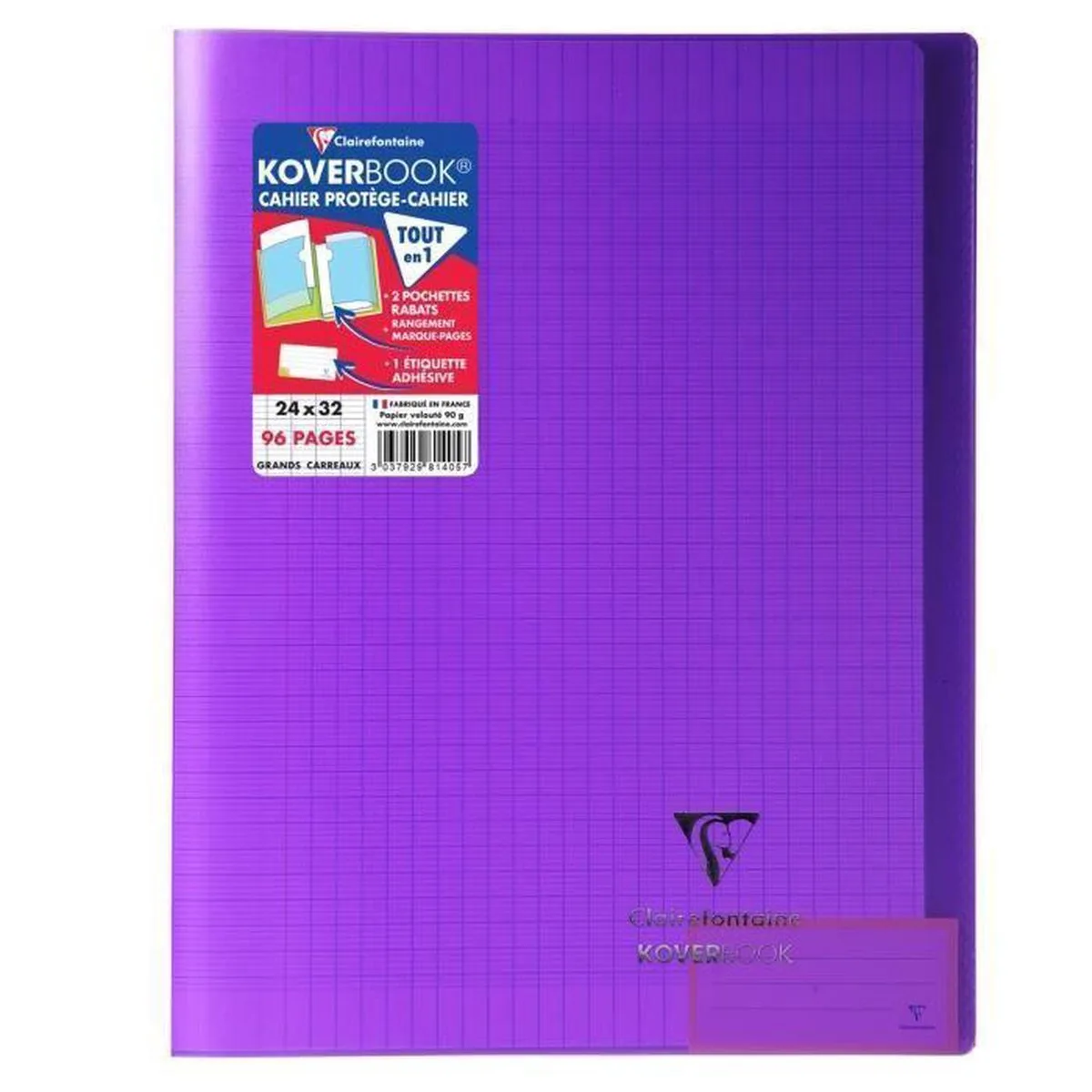 notitieboek met KOVERBOOK-steken - 24 x 32 - 96 pagina's Seyes - doorzichtige Polypro-cover van Clairefontaine in Paars – productfoto