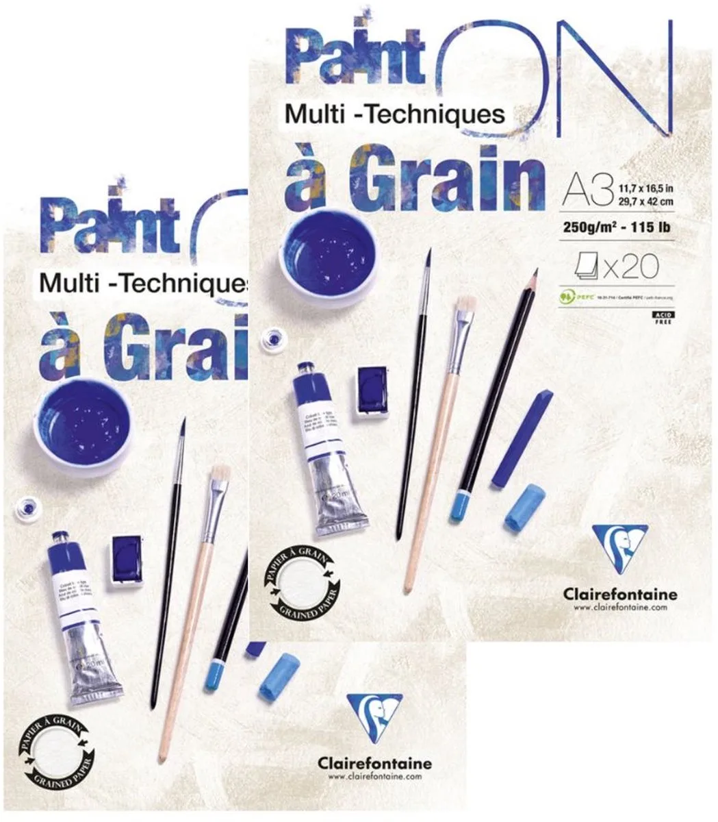 Paint’ON À Grain Blokken – Set van 2 Stuks – A3 – 250 g/m² – Multi-Techniques Papier voor Diverse Materialen van Clairefontaine in Wit – productfoto