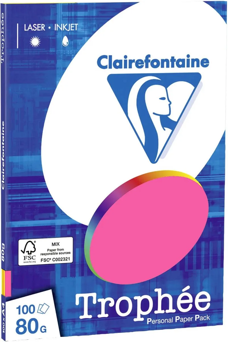 Trophée - Kopieerpapier- A4 80 gram - Assorti Fluro kleuren - 100 vellen de Clairefontaine en Assorti fluor kleuren – photo produit