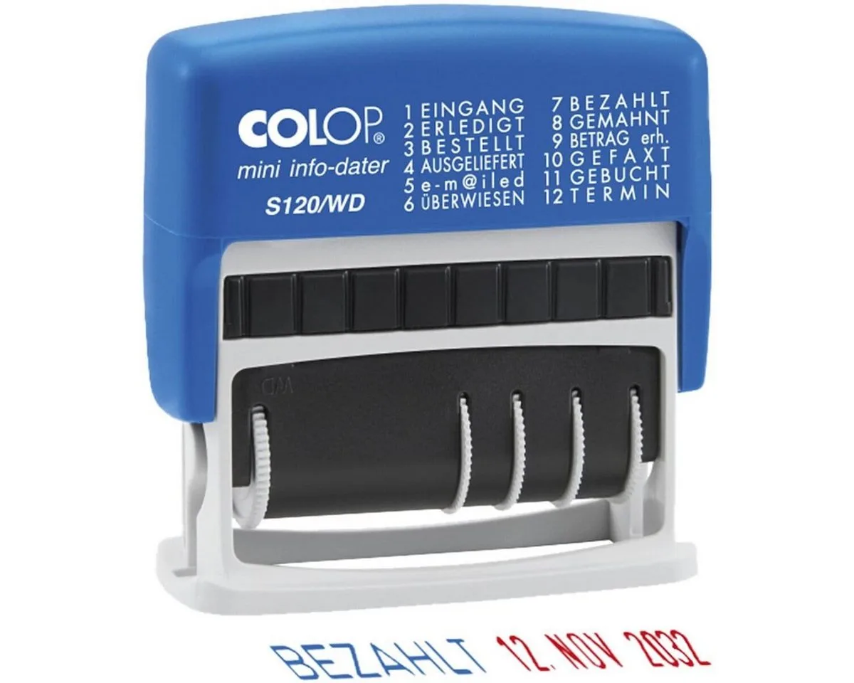 Stempel S120/WD, Datumseinstellung / 12 vorgefertigte Texte, selbstfärbend von Colop in Blau – Produktfoto