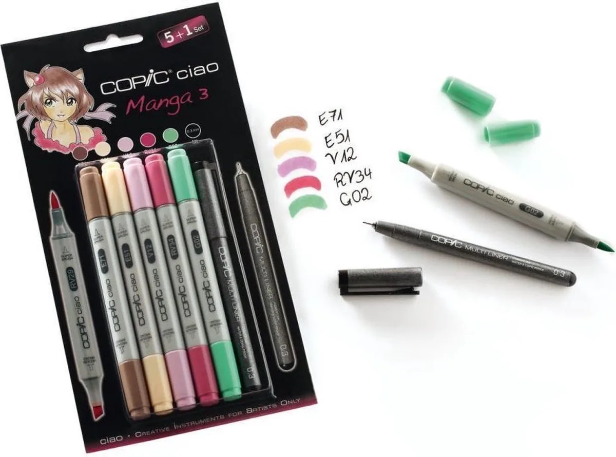 Ciao Set 3 Manga - 5 Markers + 1 Fineliner - Twin Markers Set - Twinmarkers Copic - Set Alcoholmarkers - Stiften Voor Tekenen En Ontwerpen van Copic in Meerkleurig – productfoto