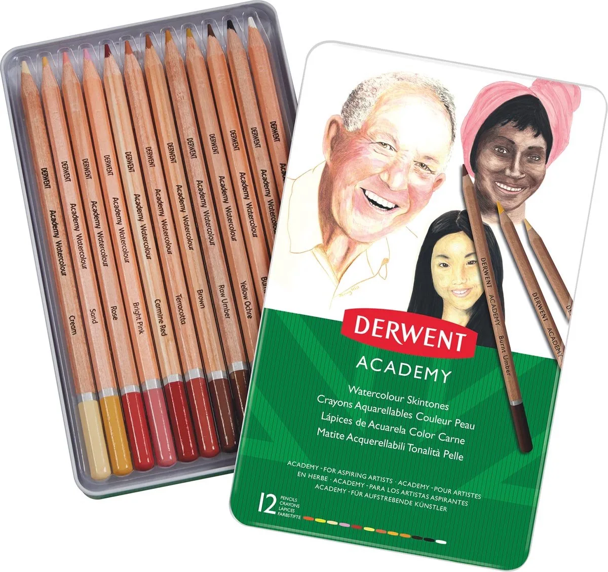 Academy Aquarelpotloden van Hoge Kwaliteit - Set van 12 Skintones kleurpotloden in Blik von Derwent in Huidskleuren – Produktfoto