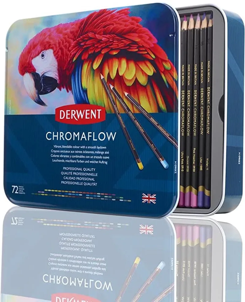 Chromaflow Kleurpotloden in Blik - Set van 72 Potloden met Zachte Kern van Derwent in Assorti – productfoto