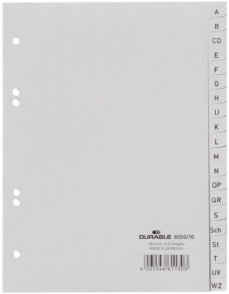 Aktenordner Durable 6550 10 Register - A - Z, grau, A5, 20 Blatt von Durable – Produktfoto