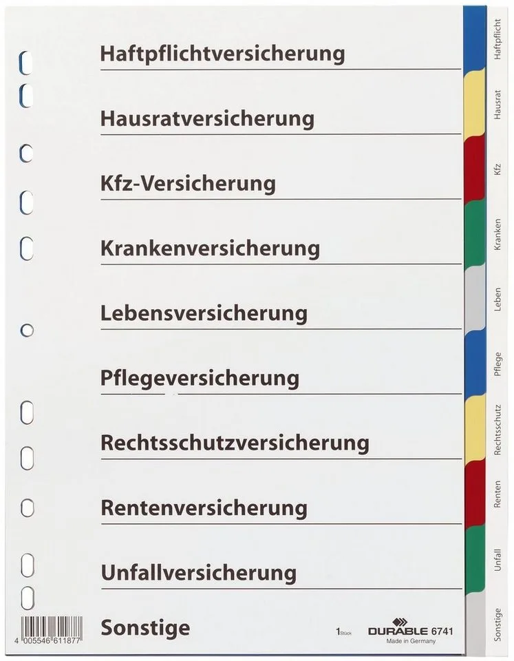 Aktenordner Vollformat blanko mit Deckblatt Versicherungen 2x blau 2x gelb 2x rot von Durable – Produktfoto