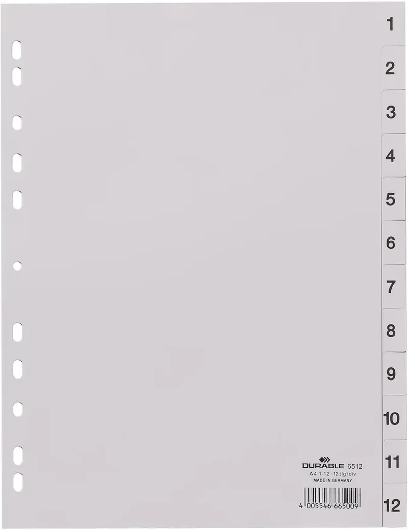 Durable 6512 Register DIN A4 1-12 Kunststoff Grau 12 Registerblätter geprägte Taben 651210 by Durable – product photo