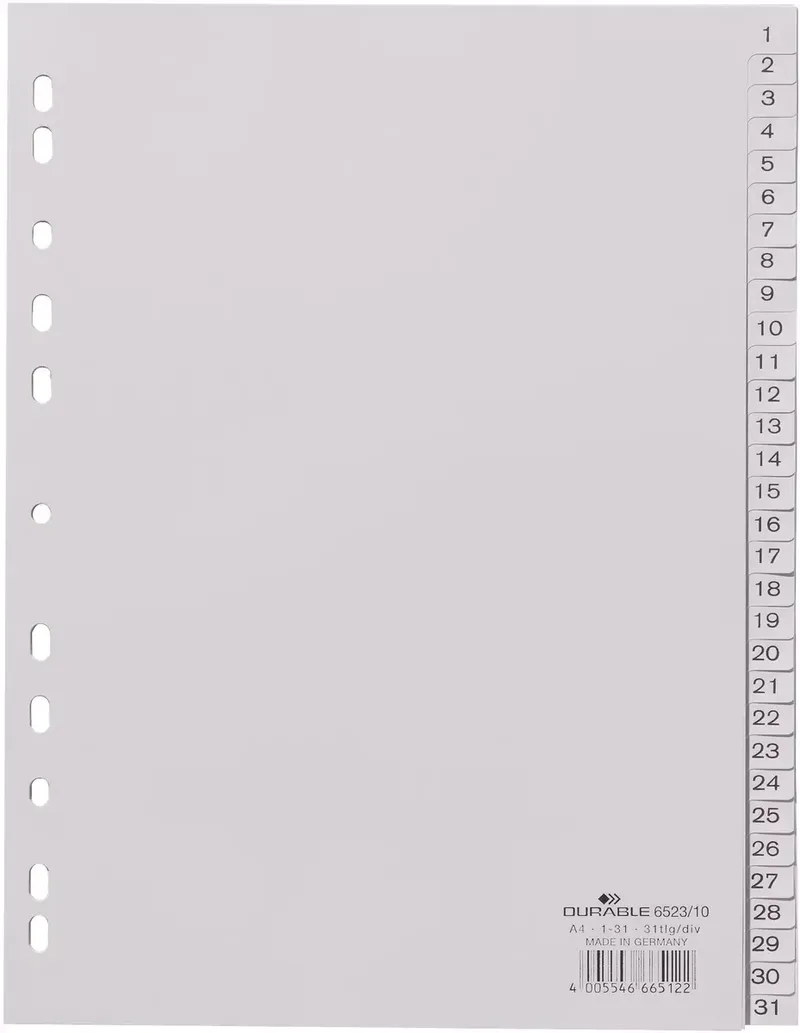 Durable 6523 Register DIN A4 1-31 Polypropylen Grau 31 Registerblätter geprägte Taben 652310 de Durable – photo produit