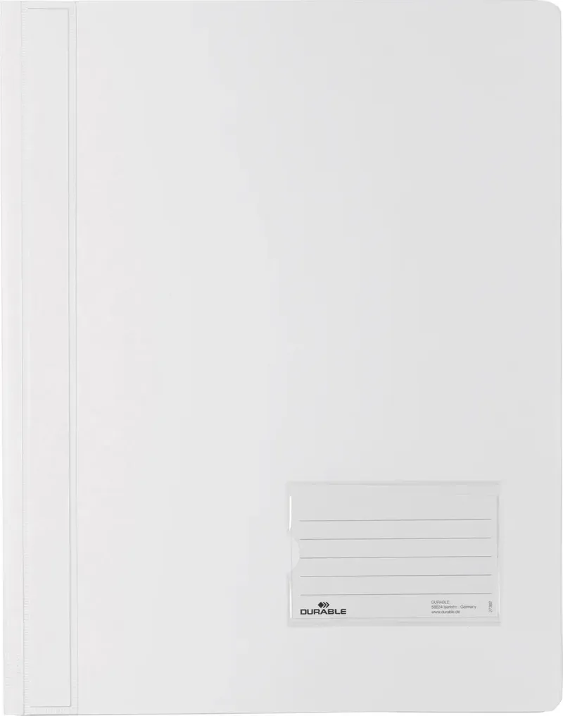 DURALUX 268002 Schnellhefter Weiß DIN A4+ Beschriftungsfenster (90 x 57 mm), Einreißschutz, Innentasche (Rückseite) de Durable – photo produit