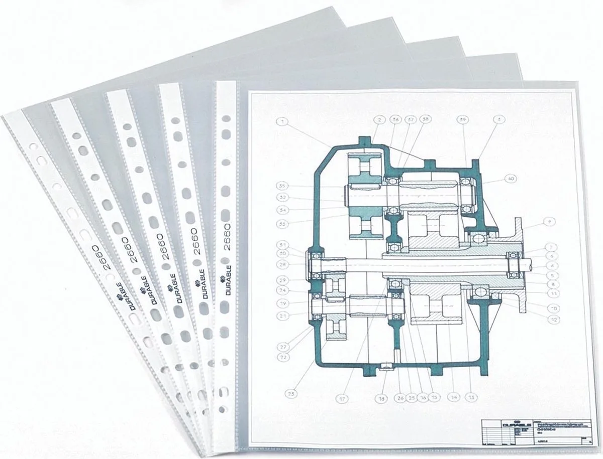 geperforeerde showtas, ft A4, 11-gaats perforatie, 60 micron 10 stuks fra Durable i Gennemsigtig – produktbillede
