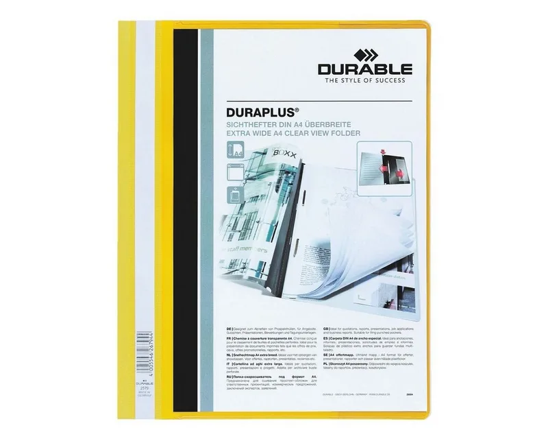 Hefter Duraplus, Format DIN A4+, überbreit mit Klarsicht- und Innentasche by Durable in Yellow – product photo