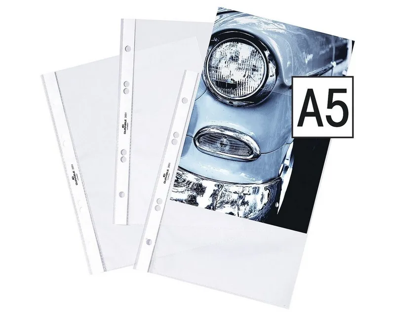 Prospekthülle, 25 Stück, glasklar, Format A5, 6-fach-Lochung, oben offen by Durable in White – product photo