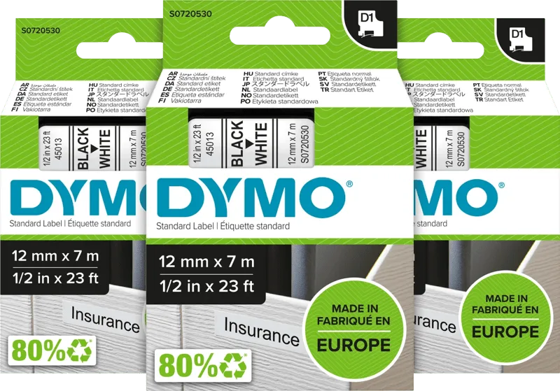 D1 12mm x 7m Zwart Wit Labels 3-pack by DYMO – product photo