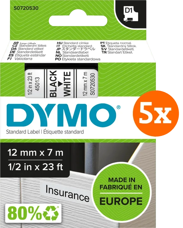 D1 12mm x 7m Zwart Wit Labels 5-pack från DYMO – produktbild