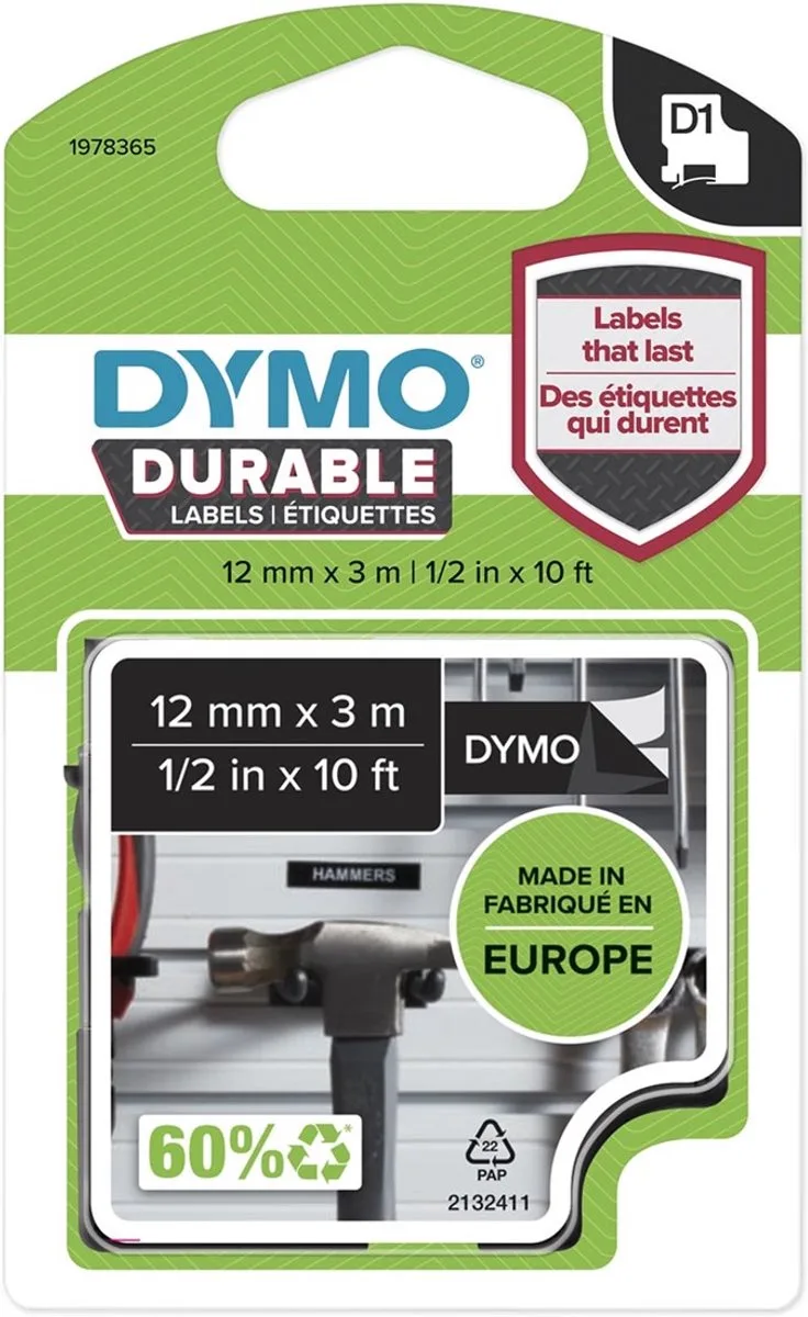 Durable D1 tape white/black 12mm x 3mm by DYMO in Black – product photo