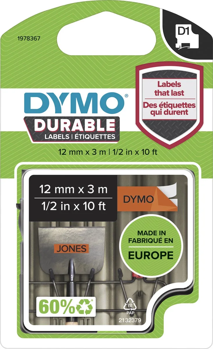 duurzame D1 tape 12 mm x 3, zwart op oranje von DYMO – Produktfoto