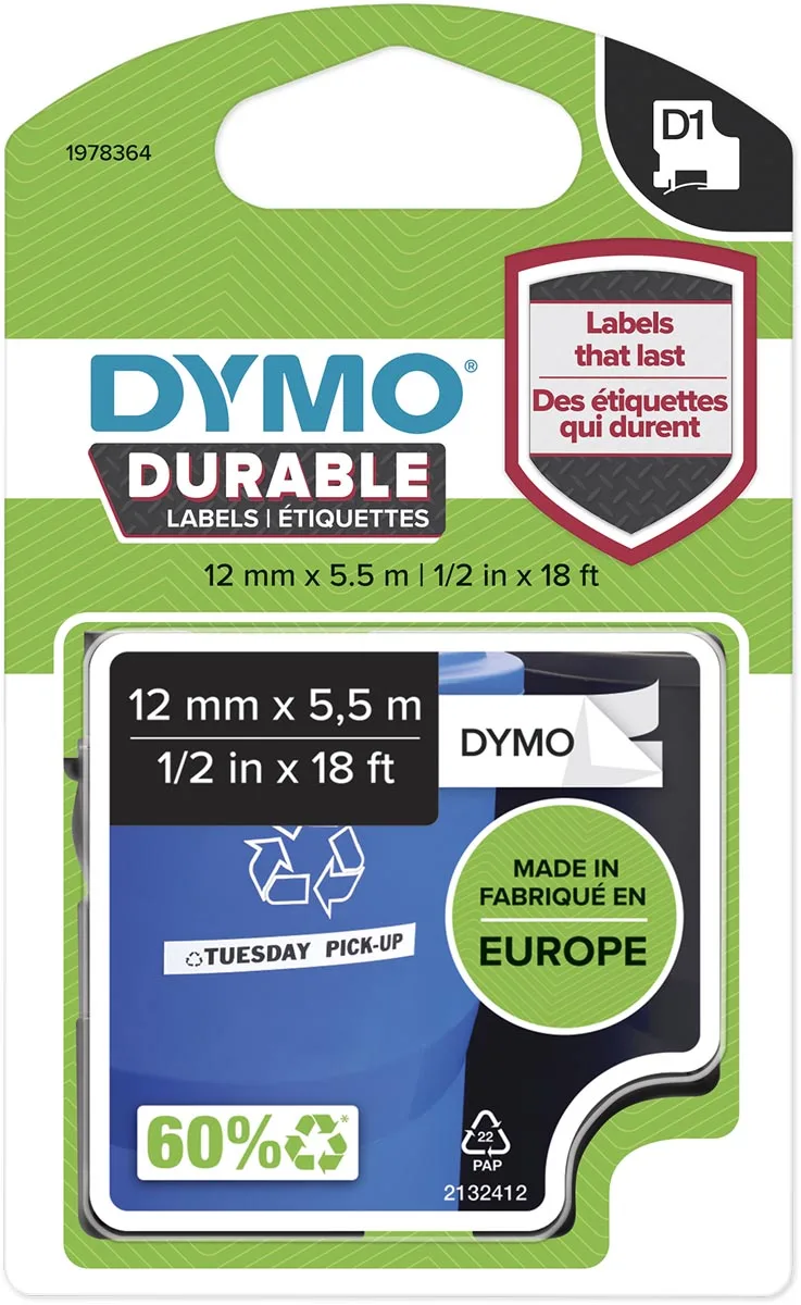 duurzame D1 tape 12 mm x 5 m, zwart op wit von DYMO – Produktfoto