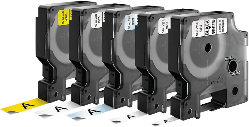 DYMO 45018 + 45013 + 45010 + 40913 + 43613 Schriftband 5er Set Bandfarbe: Weiß, Gelb, Transparent Schriftfarbe: Schwarz 6 mm, 9 mm, 12 mm 7 m by DYMO – product photo