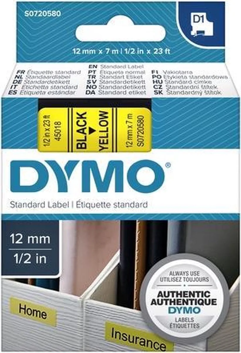 Labeltape dymo 45018 12 mm x 7 m d1 geel / zwart van DYMO in False – productfoto