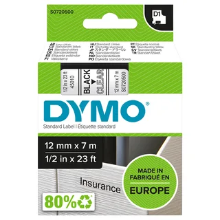 D1-Etikettenband schwarz auf transparent 12 mm x 7 m von DYMO – Produktfoto 1 von 2