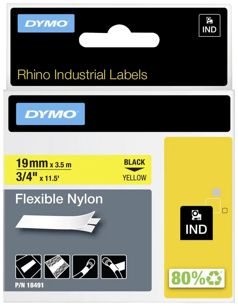 Labeltape Dymo Rhino industrieel nylon 19mm zwart op geel de DYMO – photo produit 2 sur 2