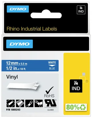 Labeltape Dymo Rhino industrieel vinyl 12mm wit op blauw von DYMO – Produktfoto 2 von 2